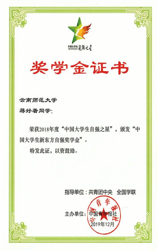 2018年度中国老员工自强之星新东方自强奖学金证书（蒋好著）